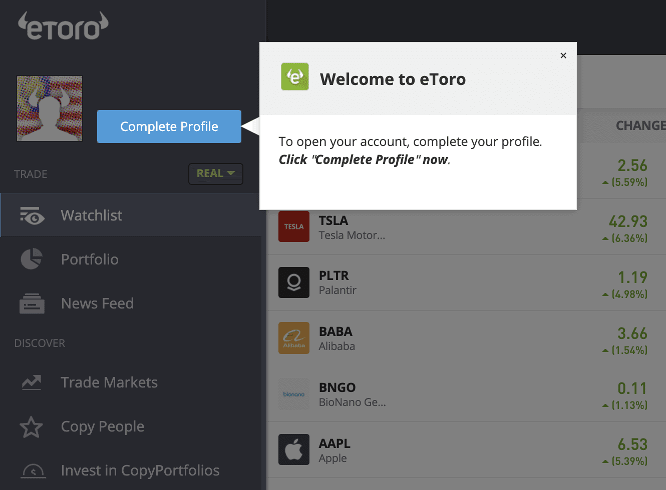 etoro open account - complete profile