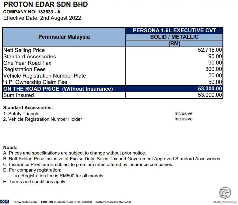 Proton Persona 1.6T Executive CVT Price List